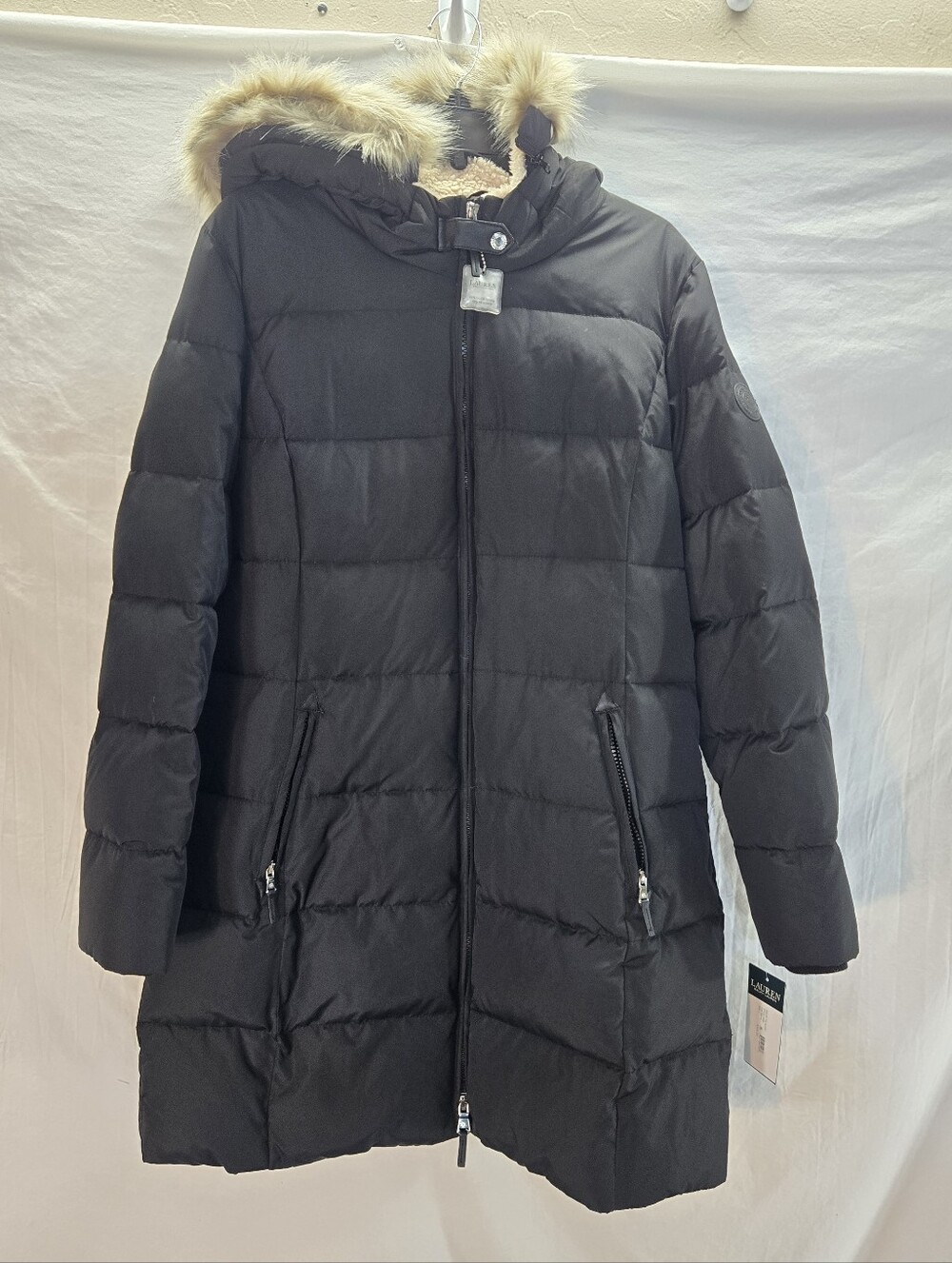 $325 Lauren Ralph Lauren Down Parka Coat Women's Large Black Fur Trim Puffer New